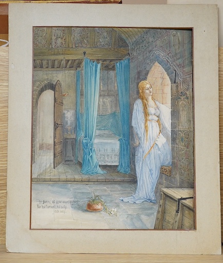 Pre-Raphaelite School, watercolour, Study of a robed woman in an interior, monogrammed WHW and dated 1900, inscribed 'He glance not up, nor waved his hand nor bade farewell but sadly rode away', mounted, 33 x 26cm, unfra